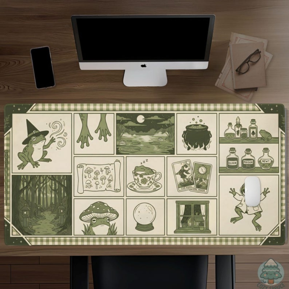 Desk Setup Aesthetic - سجادة مكتب بتصميم ضفدع الساحرة، وسادة