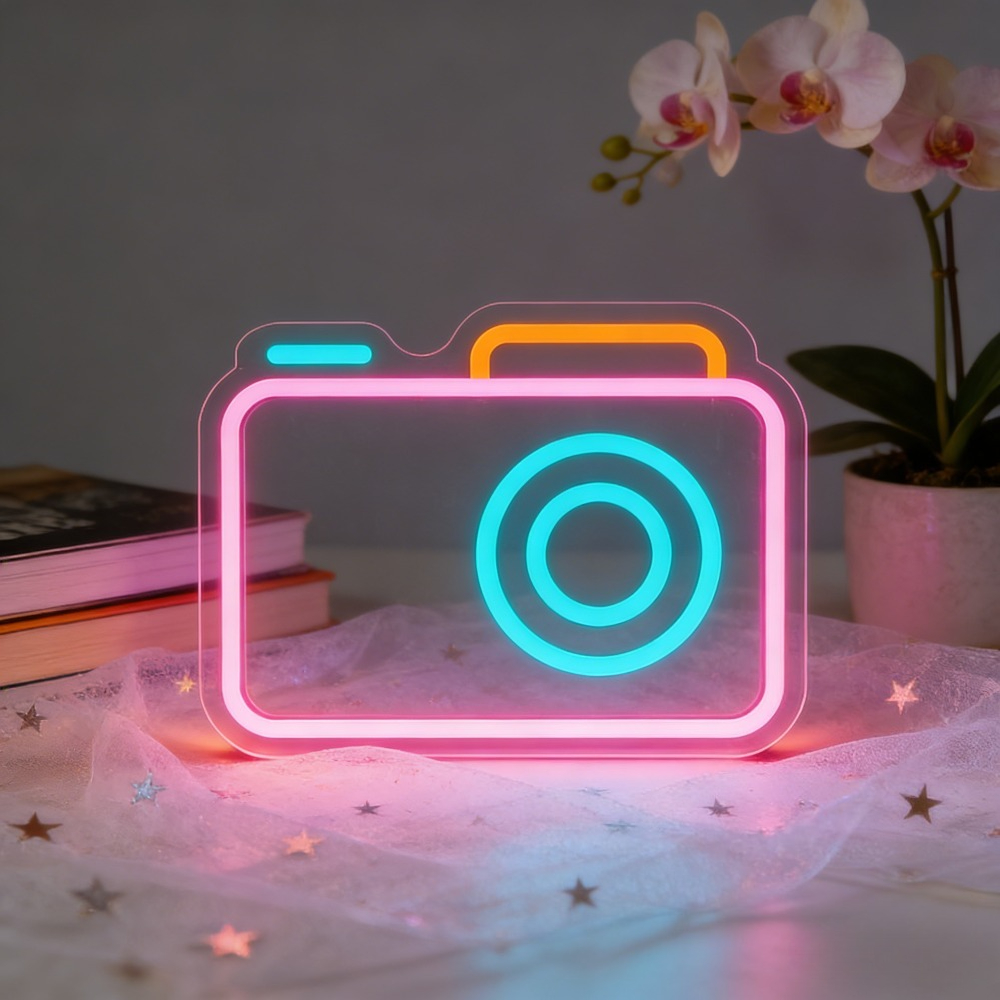 Desk Setup Studio - لافتة نيون على شكل كاميرا، إضاءة